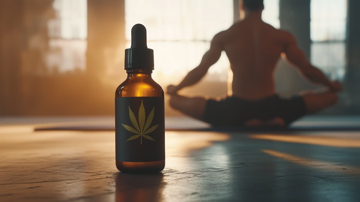 Homme faisant du yoga et huile cbd
